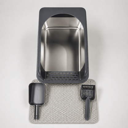 Stainless Steel Cat Litter Box with High Walls, Scoop & Mat — front product view
