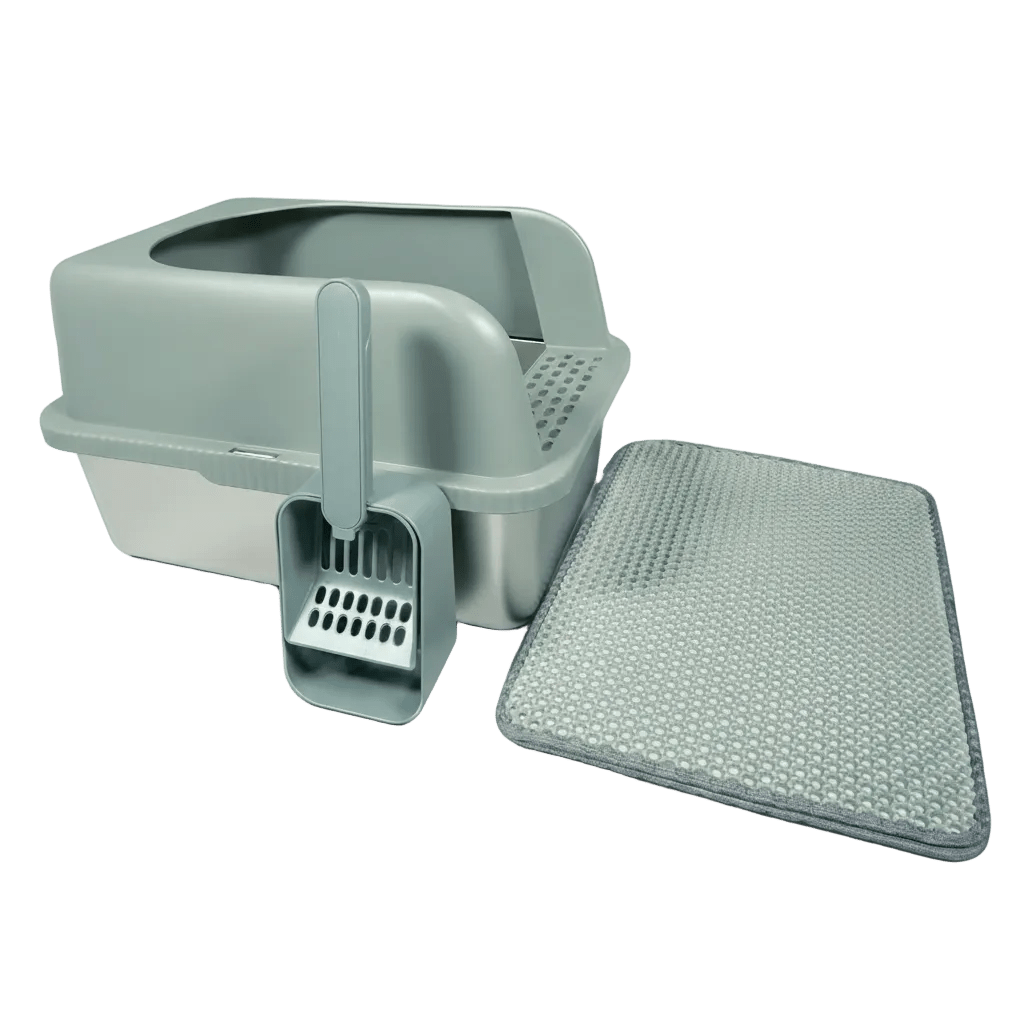 Stainless steel Cat litter box with scoop and mat on a white background