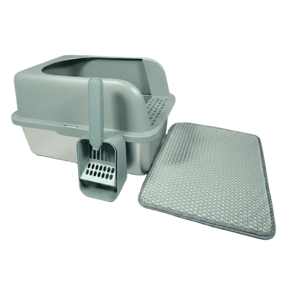 Stainless steel Cat litter box with scoop and mat on a white background