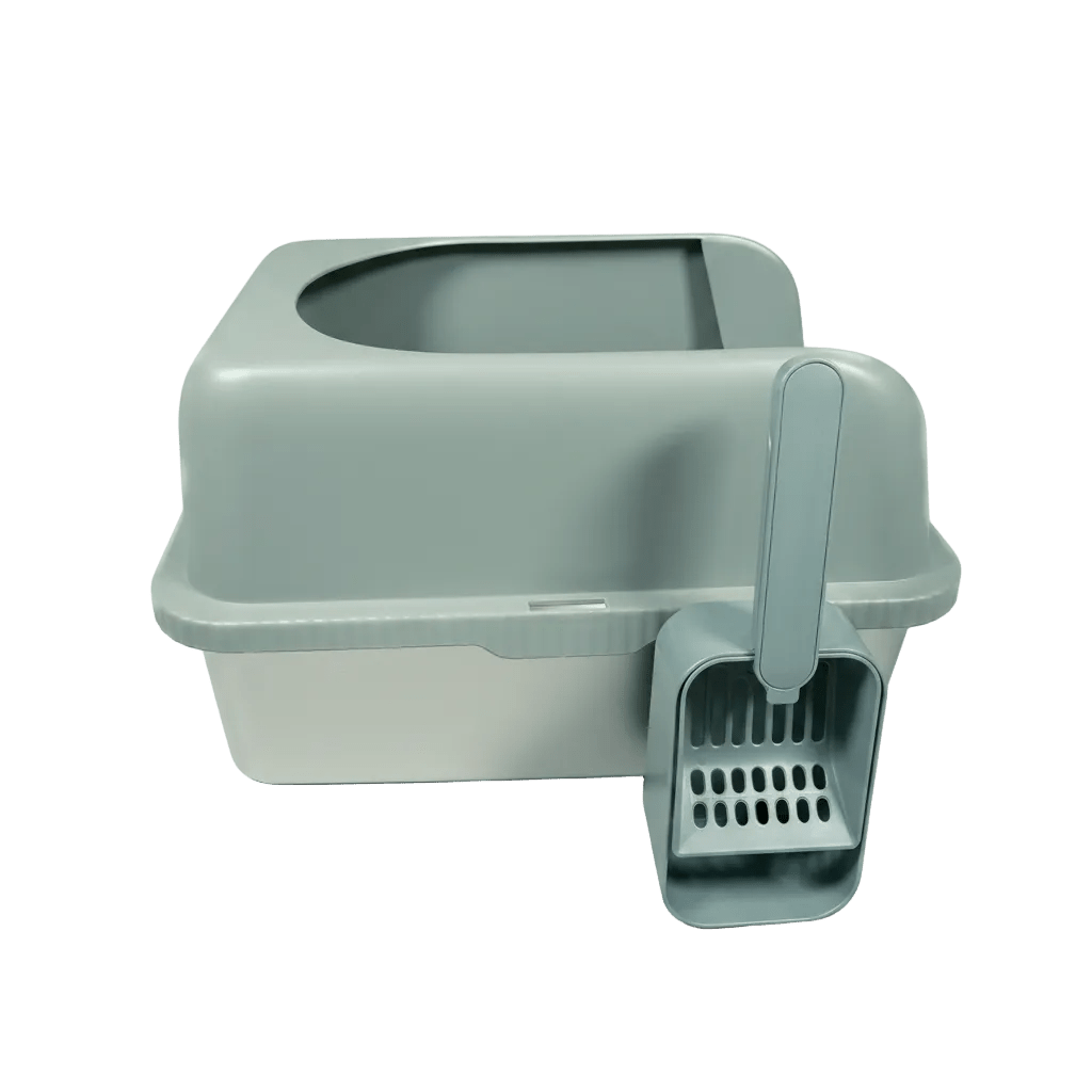 Gray stainless pet litter box with a scoop