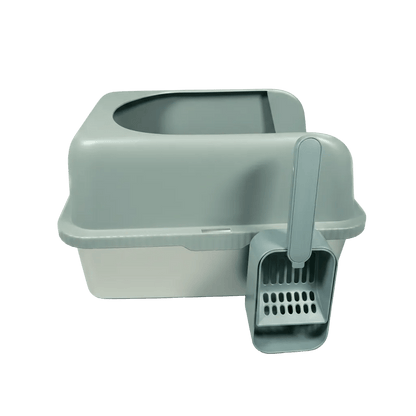 Gray stainless pet litter box with a scoop