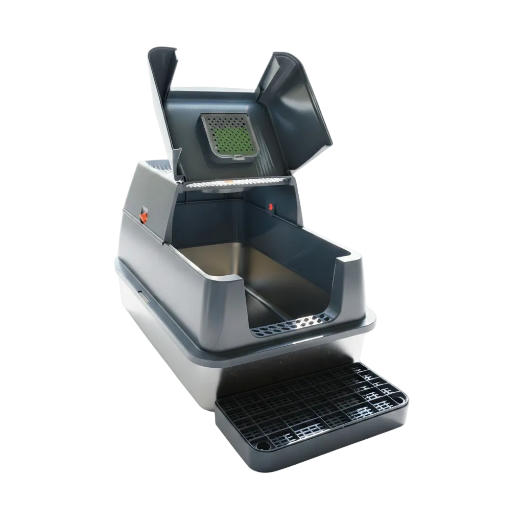 A stylish large enclosed satinless steel cat litter tray with a removable plastic enclosure.