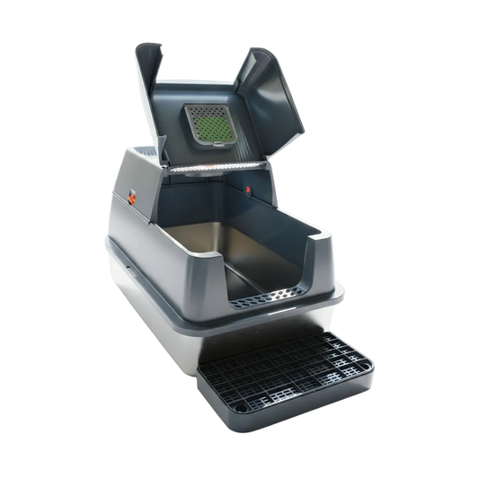 A stylish large enclosed satinless steel cat litter tray with a removable plastic enclosure.