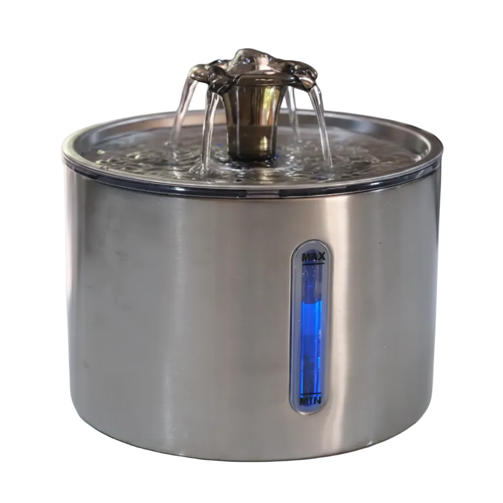 Stainless steel pet water fountain on a kitchen counter