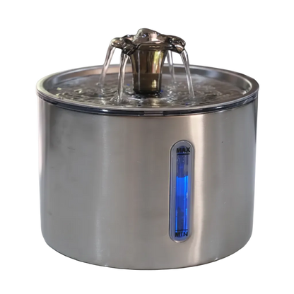 Stainless steel pet water fountain on a kitchen counter