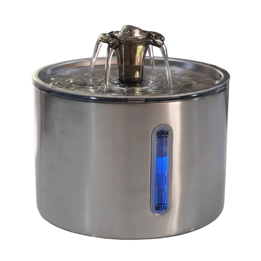 Stainless steel pet water fountain on a kitchen counter