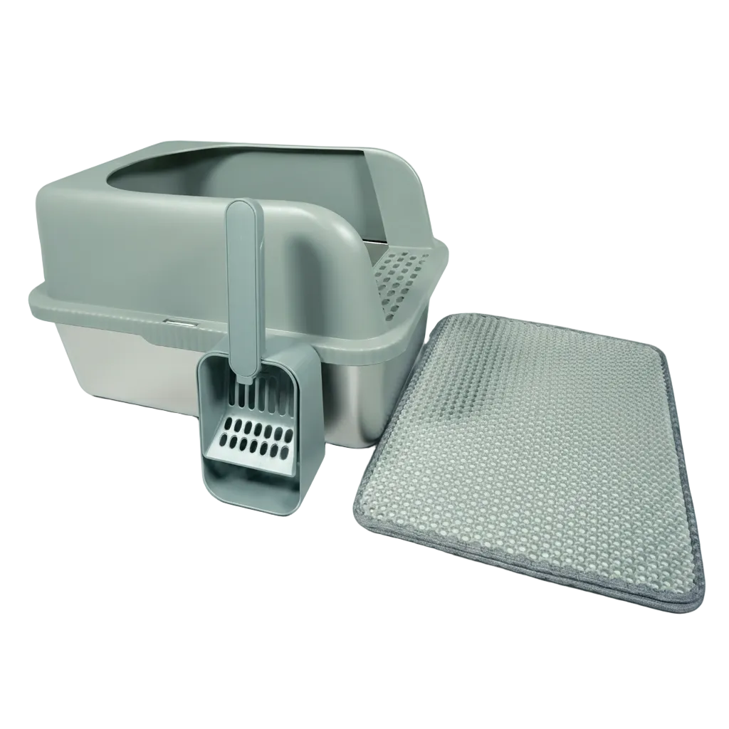 Stainless steel Cat litter box with scoop and mat on a white background