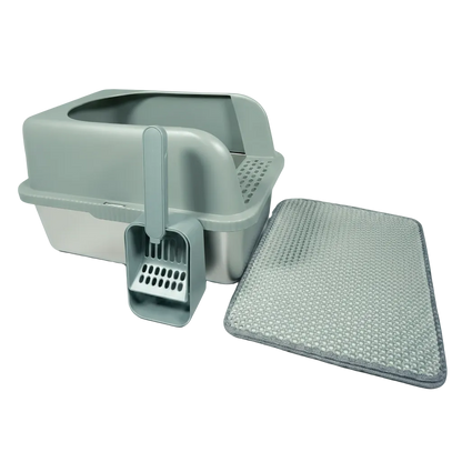 Stainless steel Cat litter box with scoop and mat on a white background