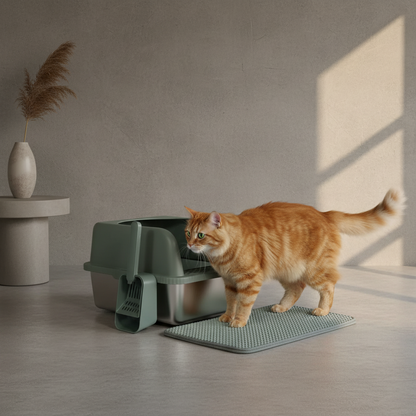 Stainless Steel Cat Litter Box with High Walls, Scoop & Mat | The Clean Getaway