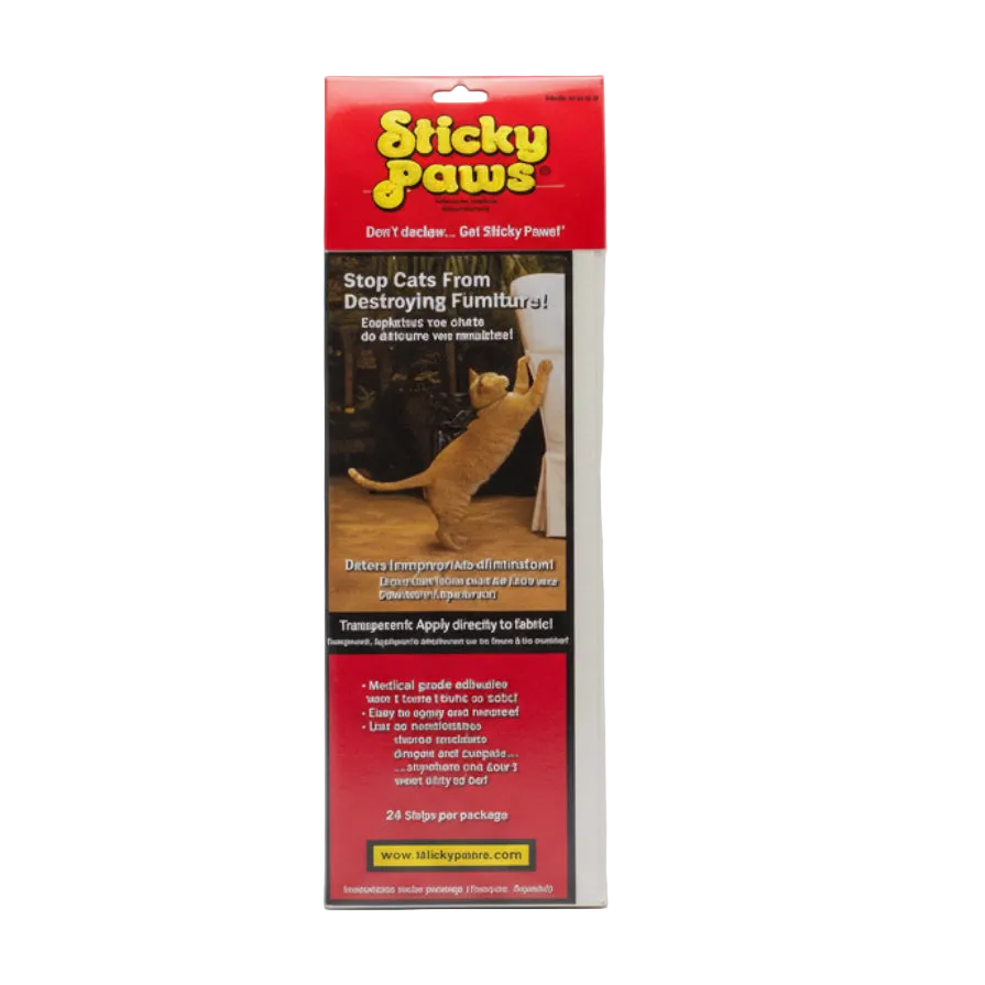 Sticky Paws Furniture Strips cat scratch deterrent pack with 24 transparent adhesive strips