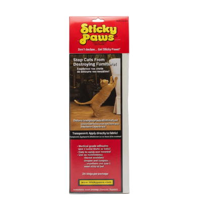 Sticky Paws Furniture Strips cat scratch deterrent pack with 24 transparent adhesive strips