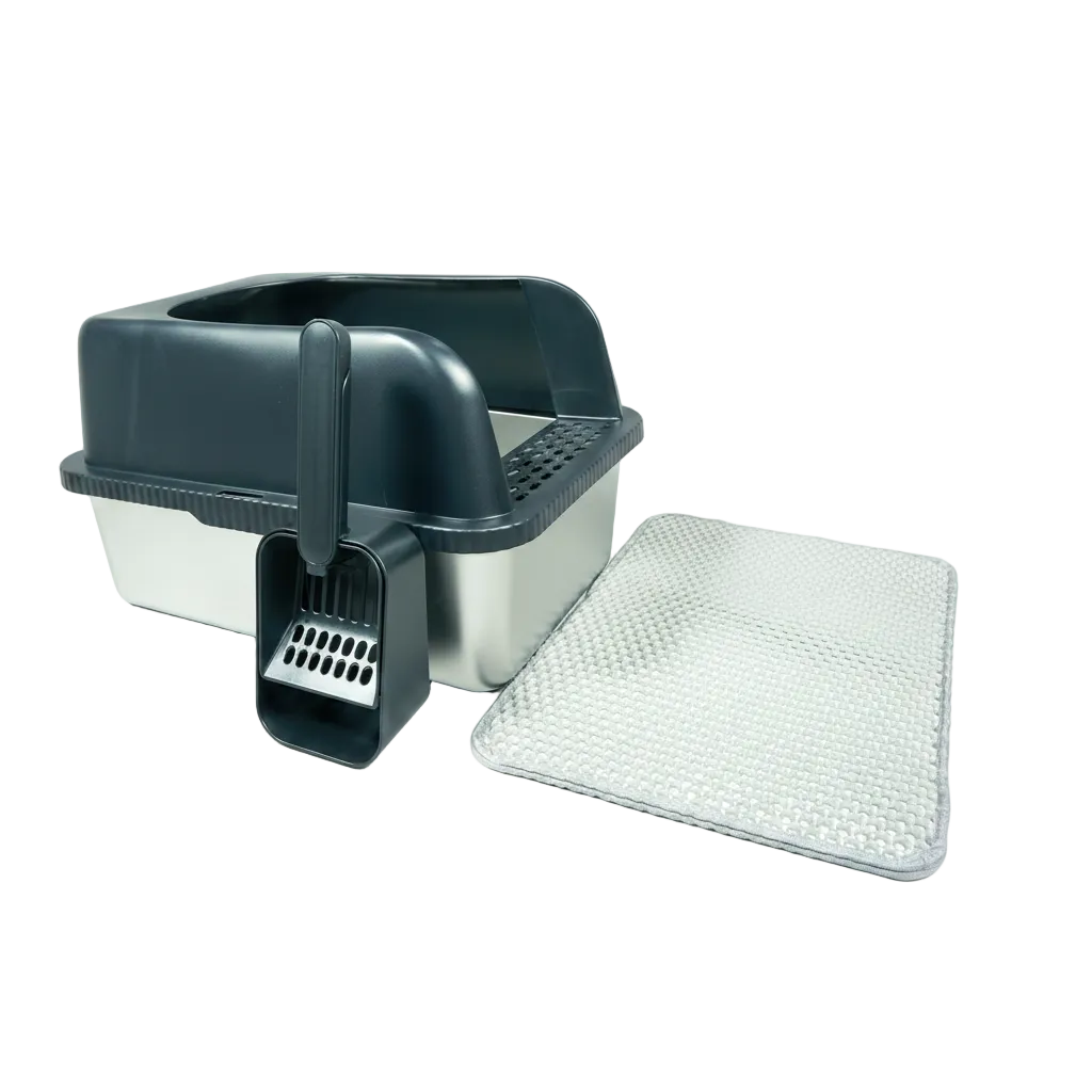 Pet litter box with scoop and additional litter on a white background
