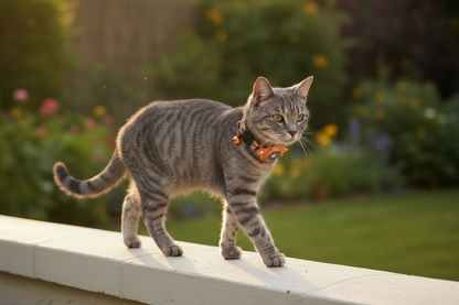 Grey tabby cat wearing an orange AirTag-compatible collar while walking outdoors in a garden