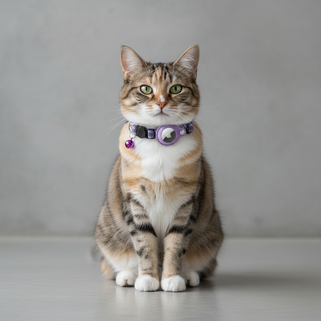 Tabby cat sitting with a purple AirTag-compatible collar, bell and tracker holder.