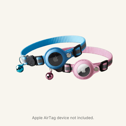 Set of two adjustable cat collars with blue and pink AirTag holders and charms
