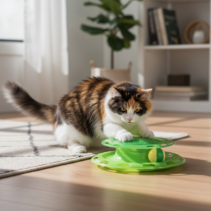 Calico cat playing with a green interactive track toy indoors from The Apartment Cat.