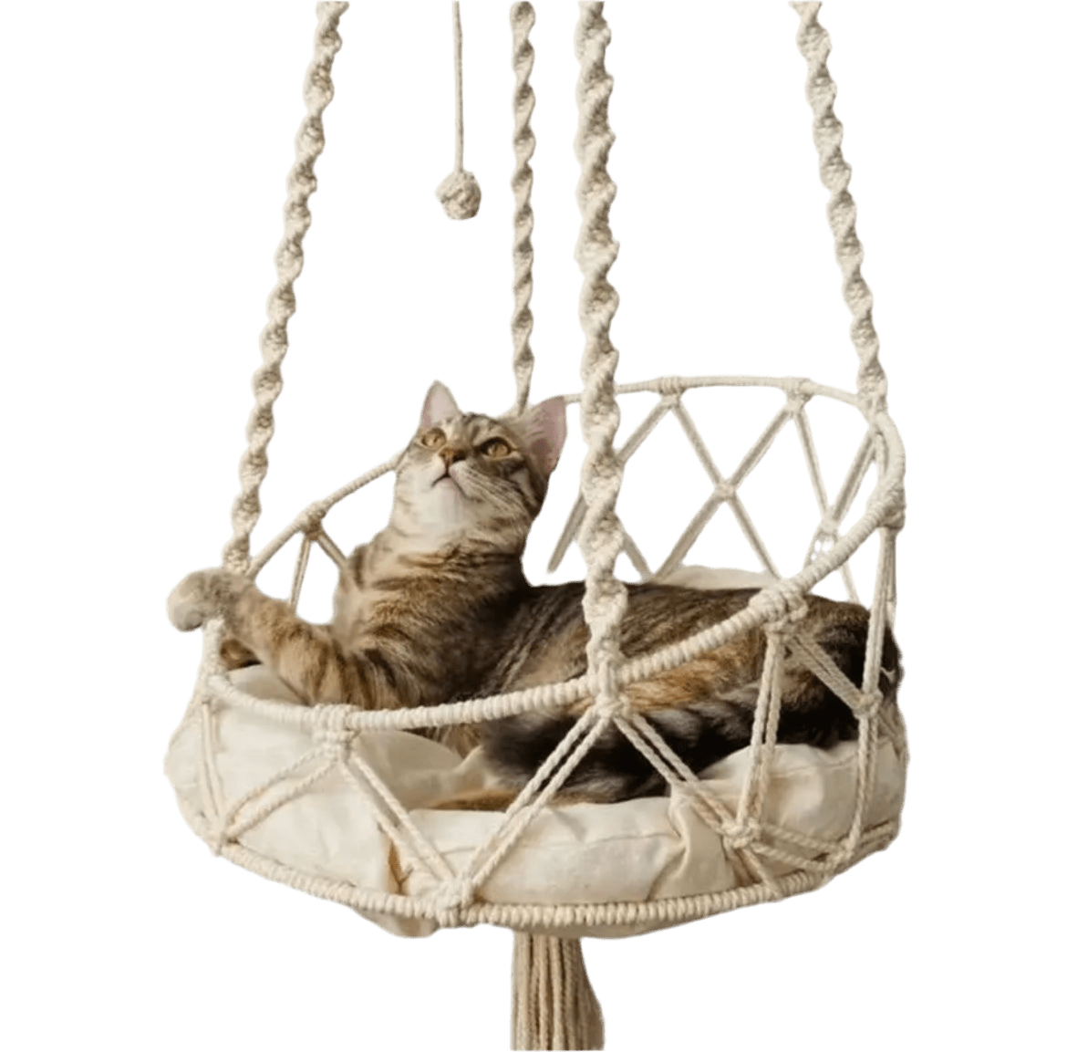 Handwoven hanging cat hammock with cream macramé design and cushioned seat