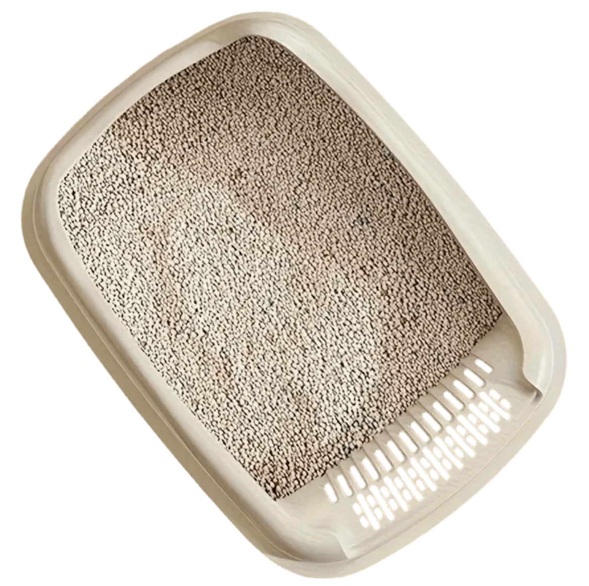 Textured litter tray inside open spill-guard litter box, close view