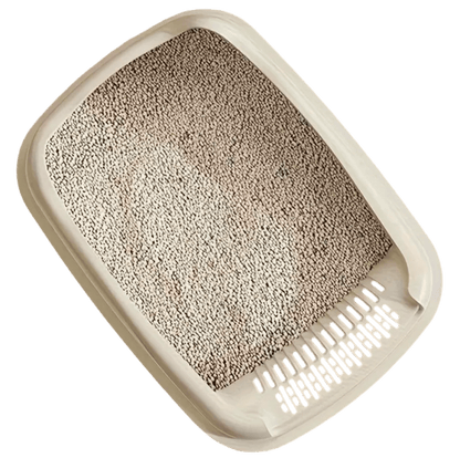 Textured litter tray inside open spill-guard litter box, close view