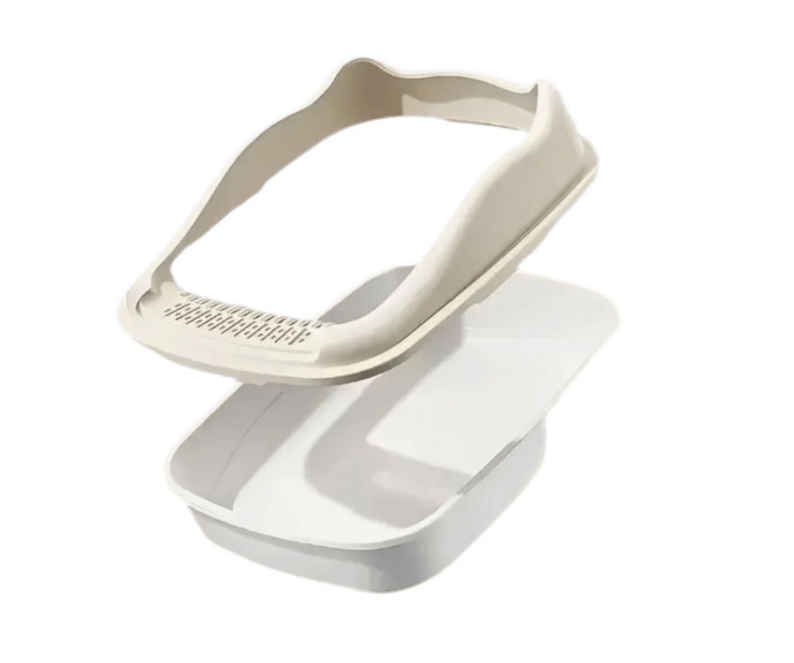 White open litter box with spill guard, raised rim, side view