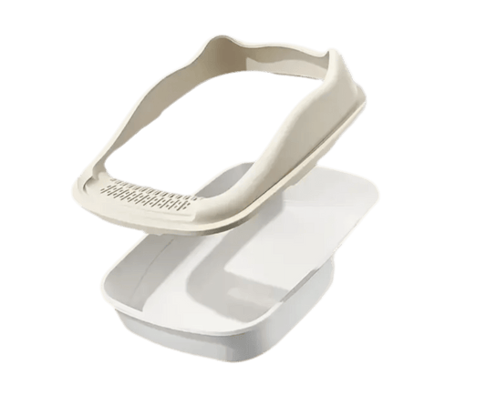 White open litter box with spill guard, raised rim, side view