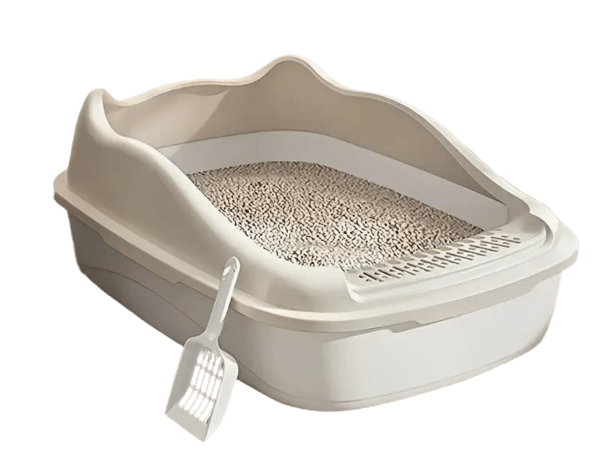 White open litter box with spill guard and built-in textured litter tray