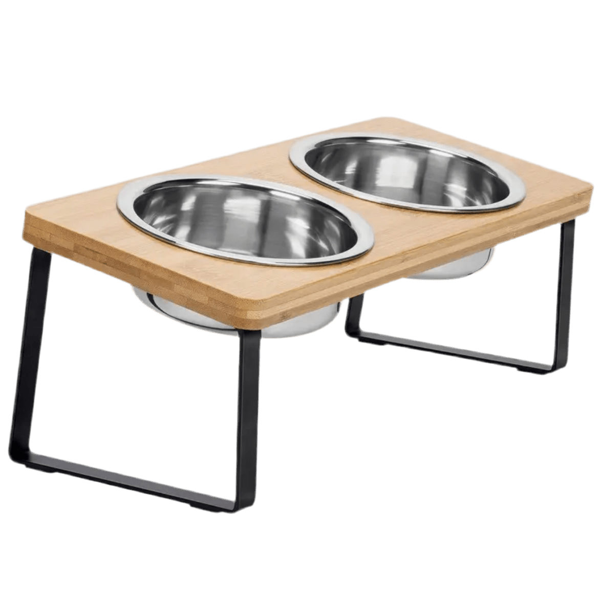 Elevated cat feeder with two stainless steel bowls on light wood stand and black legs