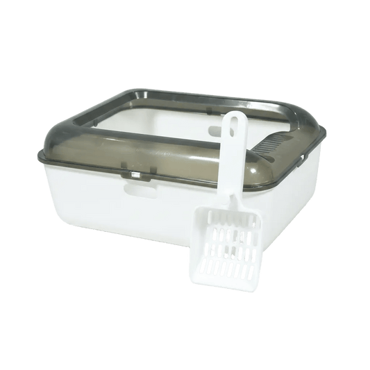 White semi-covered kitten litter box with dark grey rim and scoop