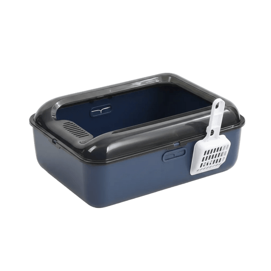 Blue cat litter box with scoop clipped to side