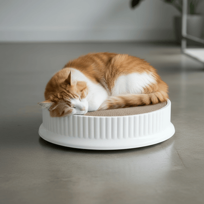 White round cat scratcher bed with gray cardboard top, cat sleeping curled inside