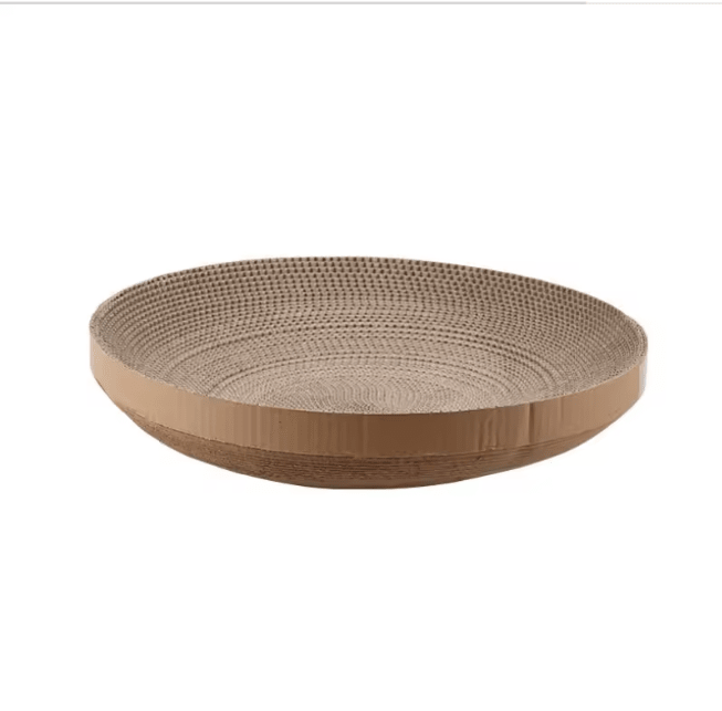 Round cat scratcher bed with gray circular cardboard top and brown base