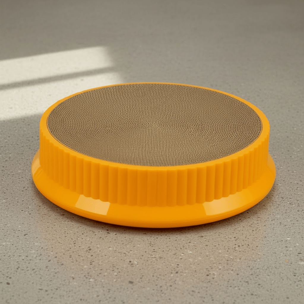 Orange round cat scratcher bed with gray circular cardboard scratching surface