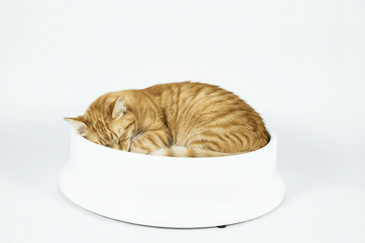 White round cat scratcher bed with gray cardboard insert, cat sleeping inside
