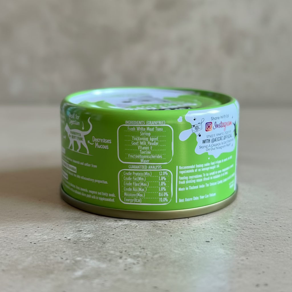 Tuna and shrimp goat milk wet cat food back of can on a cement background