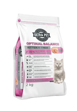 Ultra Pet kitten food bag, white with pink label, 2 kg package.